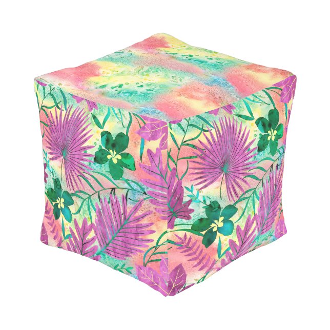 Nalani Hawaiian Tropical Garden Fuchsia Pouf (Angled Front)