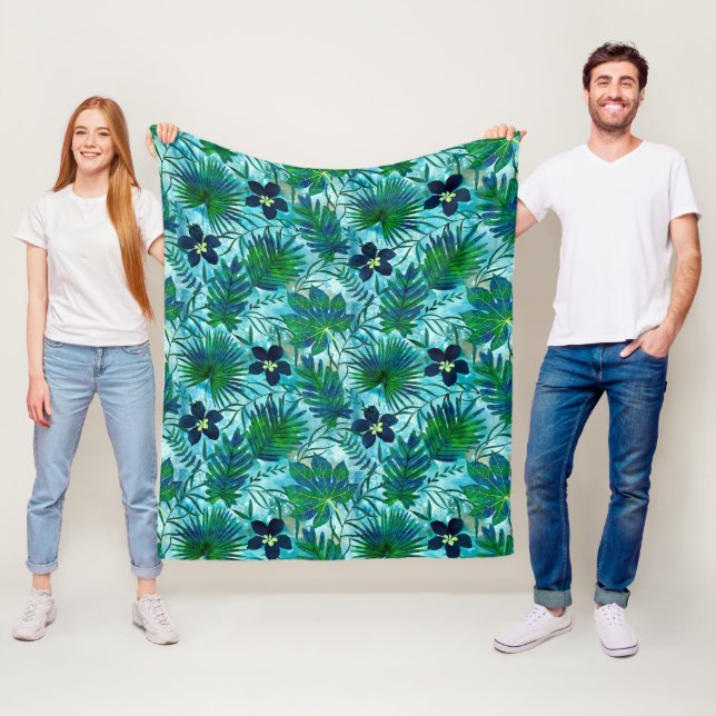 Nalani Hawaiian Tropical Garden Teal Fleece Blanket (In Situ)