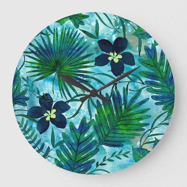 Nalani Hawaiian Tropical Garden Teal Large Clock (Front)