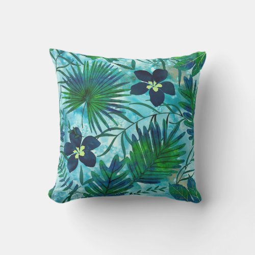 Nalani Hawaiian Tropical Garden Teal Outdoor Pillow