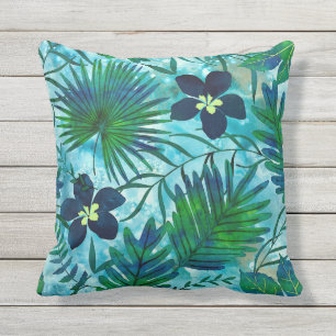 Nalani Hawaiian Tropical Garden Teal Outdoor Pillow
