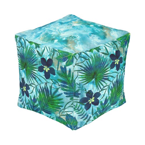 Nalani Hawaiian Tropical Garden Teal Pouf