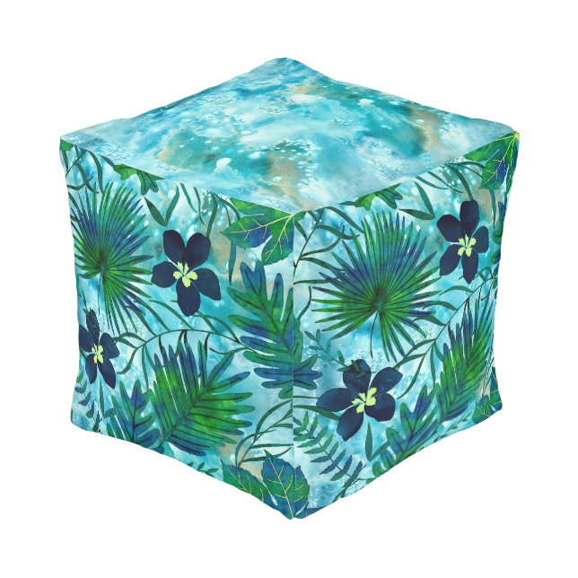 Nalani Hawaiian Tropical Garden Teal Pouf (Angled Front)