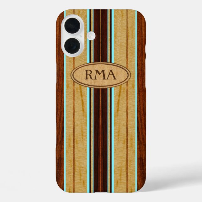 Nalu Hou Faux Koa Wood Monogram Surfboard Case-Mate iPhone Case (Back)