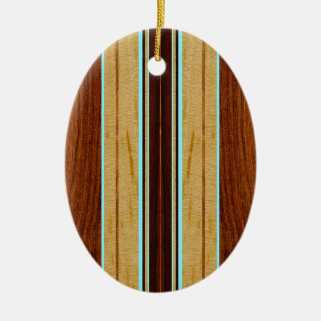Nalu Hou Faux Koa Wood Surfboard Ceramic Ornament (Front)