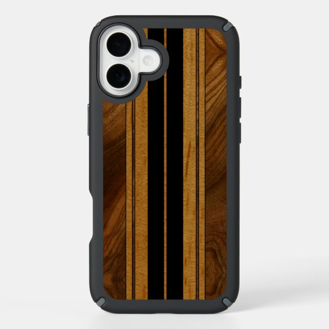 Nalu Mua Faux Koa Wood Surfboard - Black Speck iPhone Case (Front)