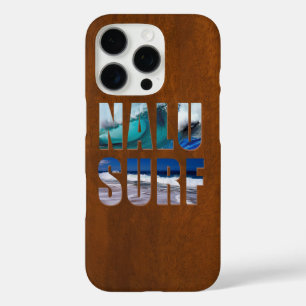 Nalu-Surf Hawaiian Wave Faux Koa Wood Surfboard iPhone 16 Pro Case