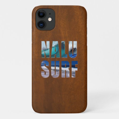 Nalu_Surf Hawaiian Wave Faux Koa Wood Surfboard iPhone 11 Case