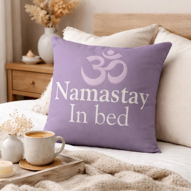 Namastay In Bed Yoga Lavender purple white Funny Throw Pillow (Creator Uploaded)
