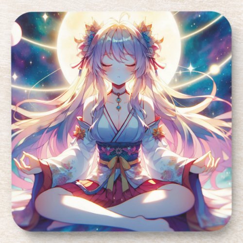 Namaste Anime Girl Meditating Beverage Coaster