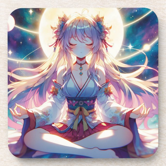 Namaste Anime Girl Meditating Beverage Coaster (Front)