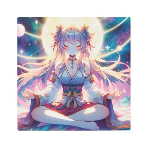 Namaste Anime Girl Meditating Metal Print
