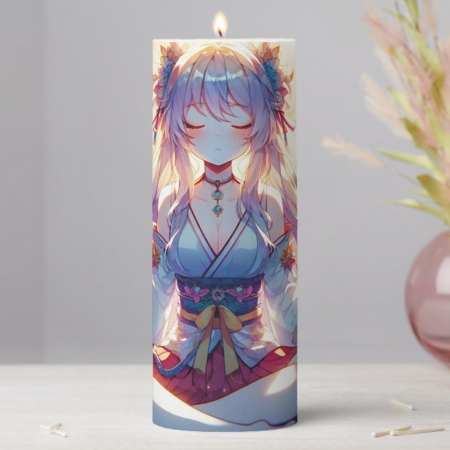 Namaste Anime Girl Meditating Pillar Candle (In Situ)