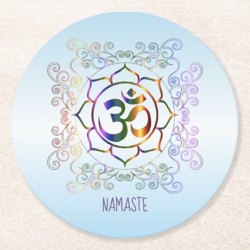 Namaste Aum Om Lotus Prismatic Ornamental Round Paper Coaster