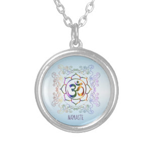 Namaste Aum (Om) Lotus Prismatic Ornamental Silver Plated Necklace
