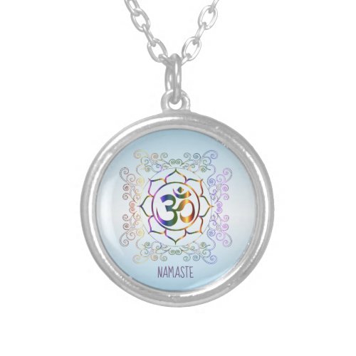 Namaste Aum Om Lotus Prismatic Ornamental Silver Plated Necklace