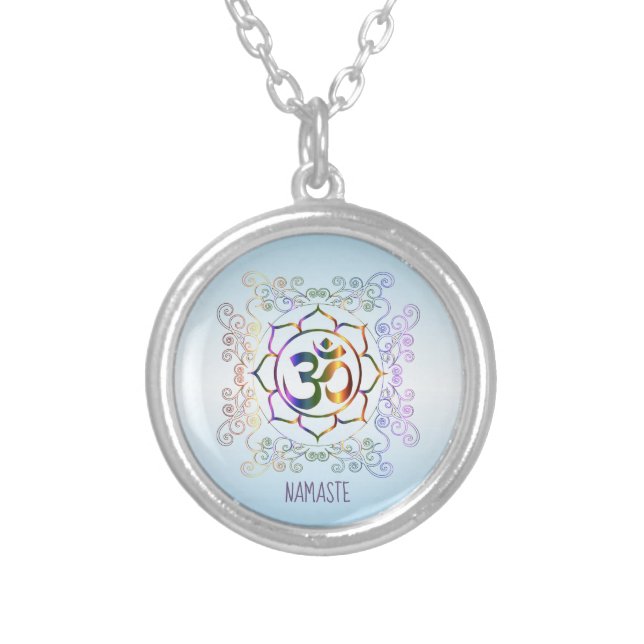 Namaste Aum (Om) Lotus Prismatic Ornamental Silver Plated Necklace (Front)