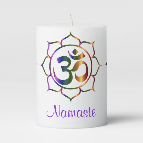 Namaste Aum Om  Lotus Prismatic Rainbow Pillar Candle