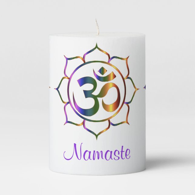 Namaste Aum Om & Lotus Prismatic Rainbow Pillar Candle (Front)