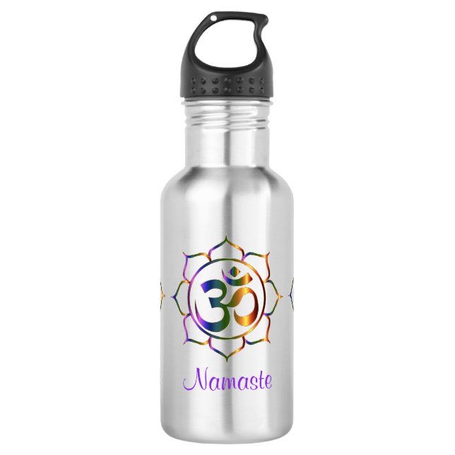 Namaste Aum Om & Lotus Prismatic Rainbow  Stainless Steel Water Bottle (Front)