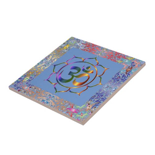 Namaste Aum Om  Lotus Rainbow Border Personalized Ceramic Tile