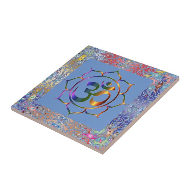 Namaste Aum Om & Lotus Rainbow Border Personalized Ceramic Tile (Side)