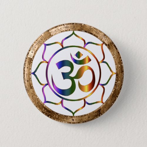 Namaste Aum Om  Lotus with Gold Bronze Border Button