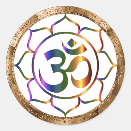 Namaste Aum Om  Lotus with Gold Bronze Border Classic Round Sticker