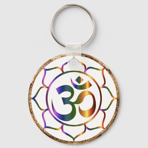 Namaste Aum Om  Lotus with Gold Bronze Border Keychain