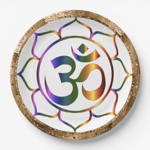 Namaste Aum Om  Lotus with Gold Bronze Border Paper Plates