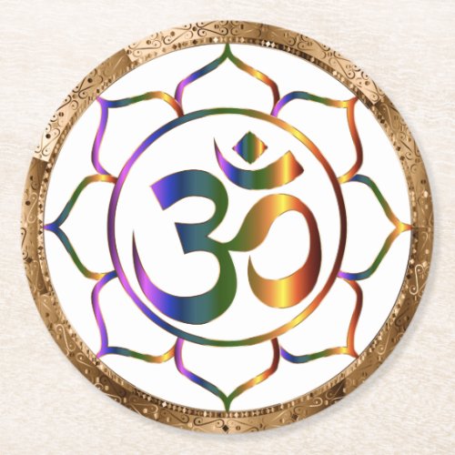 Namaste Aum Om  Lotus with Gold Bronze Border Round Paper Coaster