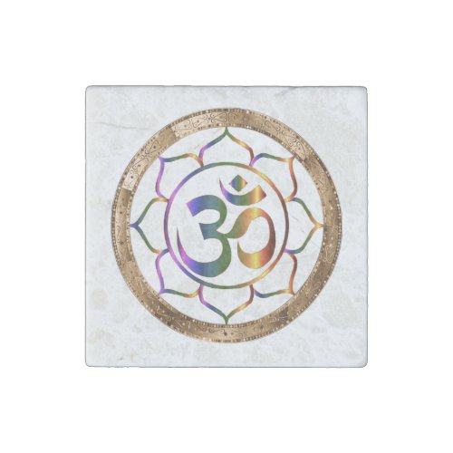 Namaste Aum Om  Lotus with Gold Bronze Border Stone Magnet
