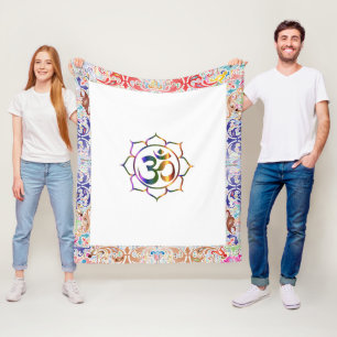 Namaste Aum Om & Lotus with Rainbow Vintage Border Fleece Blanket