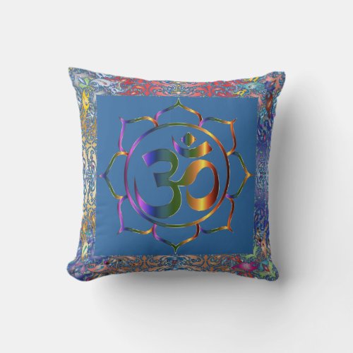 Namaste Aum Om  Lotus with Rainbow Vintage Border Throw Pillow