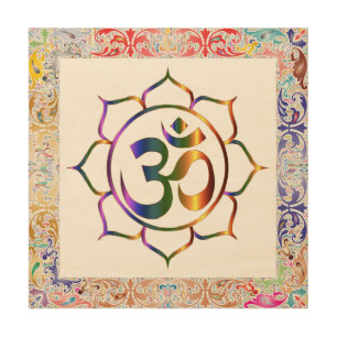 Namaste Aum Om & Lotus with Rainbow Vintage Border Wood Wall Art