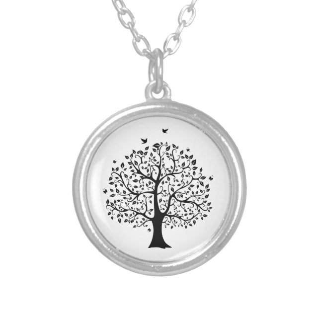 Namaste Black and White Tree of Life Silver Plated Necklace (Front)