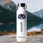 Namaste Blue Lotus Flower Modern Personalized Name Water Bottle<br><div class="desc">Namaste Blue Lotus Flower Modern Personalized Name Sports Fitness Yoga Stainless Steel Water Bottle features a blue lotus flower with the text "namaste" in modern hand lettered calligraphy script and personalized with your name. Perfect gift for friends and family for birthday, Christmas, Mother's Day, best friends, yoga lovers, fitness and...</div>