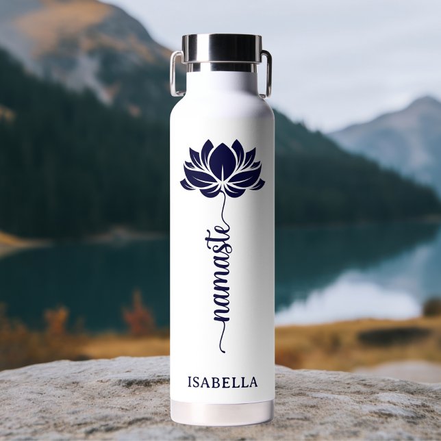 Namaste Blue Lotus Flower Modern Personalized Name Water Bottle (Creator Uploaded)