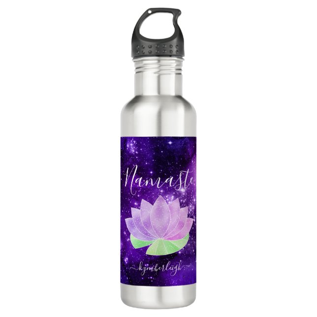 Namaste Cosmic Purple Lotus Flower Monogram Name Stainless Steel Water Bottle (Front)