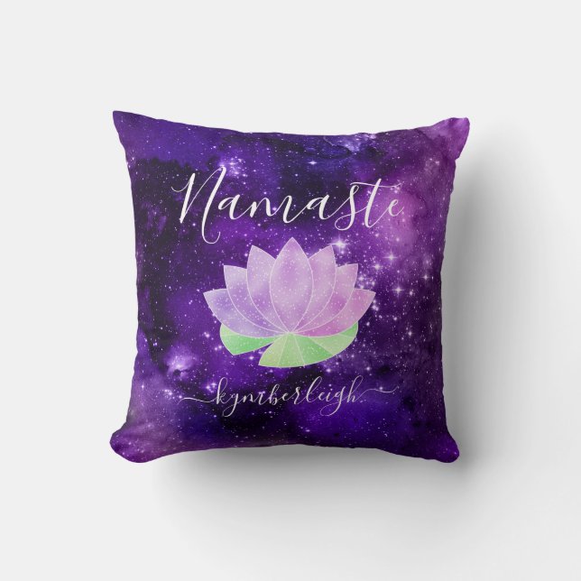 Namaste Cosmic Purple Lotus Flower Monogram Name Throw Pillow (Front)