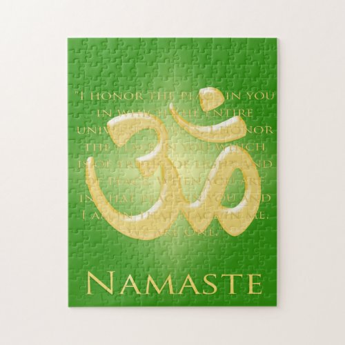 Namaste Definition with Om Symbol _ on Green Jigsaw Puzzle