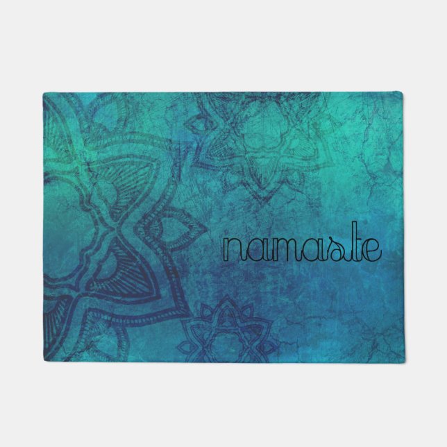 Namaste Distressed Turquoise Mandala Door Mat (Front)