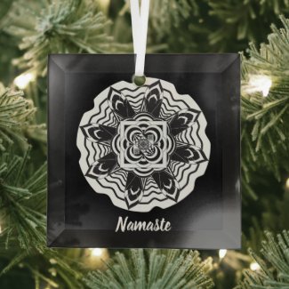 Namaste Floral Mandala Black and White Beveled  Glass Ornament