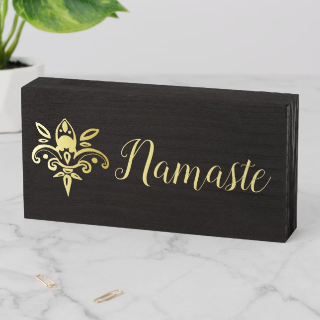 Namaste Gold Mehndi Flower Wooden Box Sign (In Situ Horizontal)