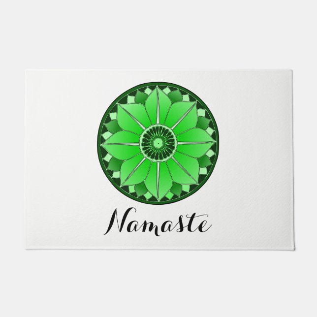 NAMASTE Green Flower Spiritual Lotus Mandala White Doormat (Front)