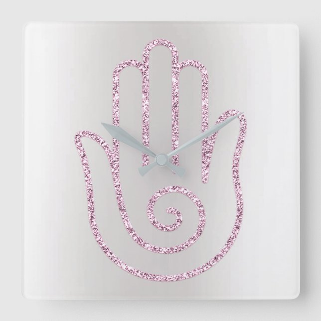 Namaste Greeting Gray Glitter Pink Hand Square Wall Clock (Front)