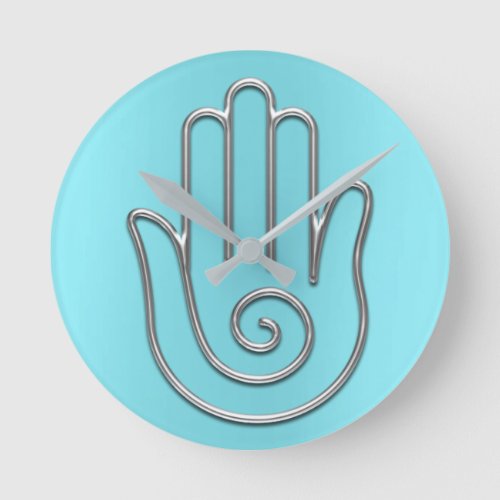 Namaste Greeting Metallic Joga Gray Aqua Hand Round Clock