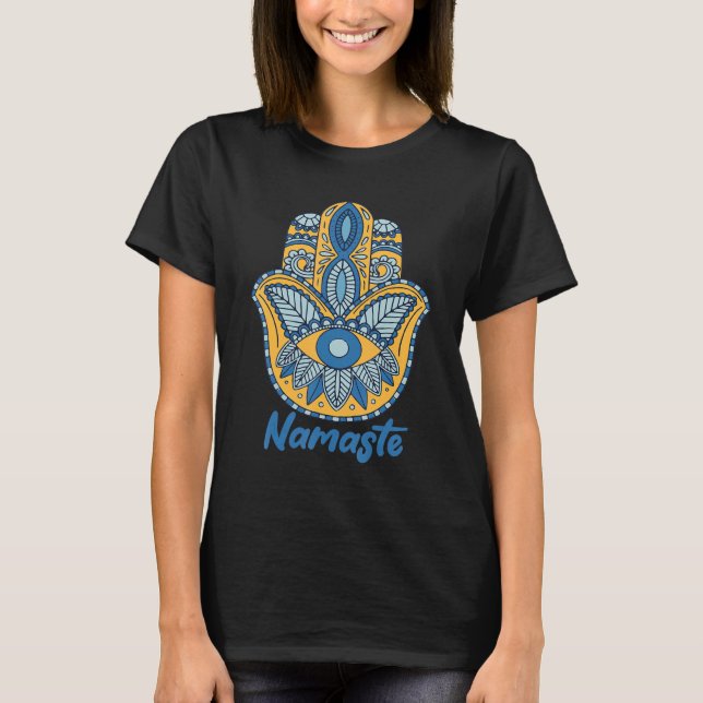 Namaste Hamsa Hand Yoga Hinduism Fatima Arabic Fai T-Shirt (Front)