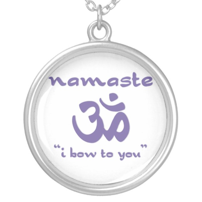 Namaste - I bow to you (in purple) Silver Plated Necklace (Front)