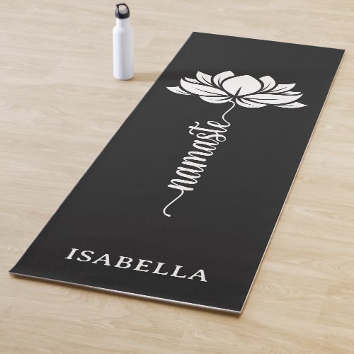 Namaste Lotus Flower Modern Black Custom Name Yoga Mat